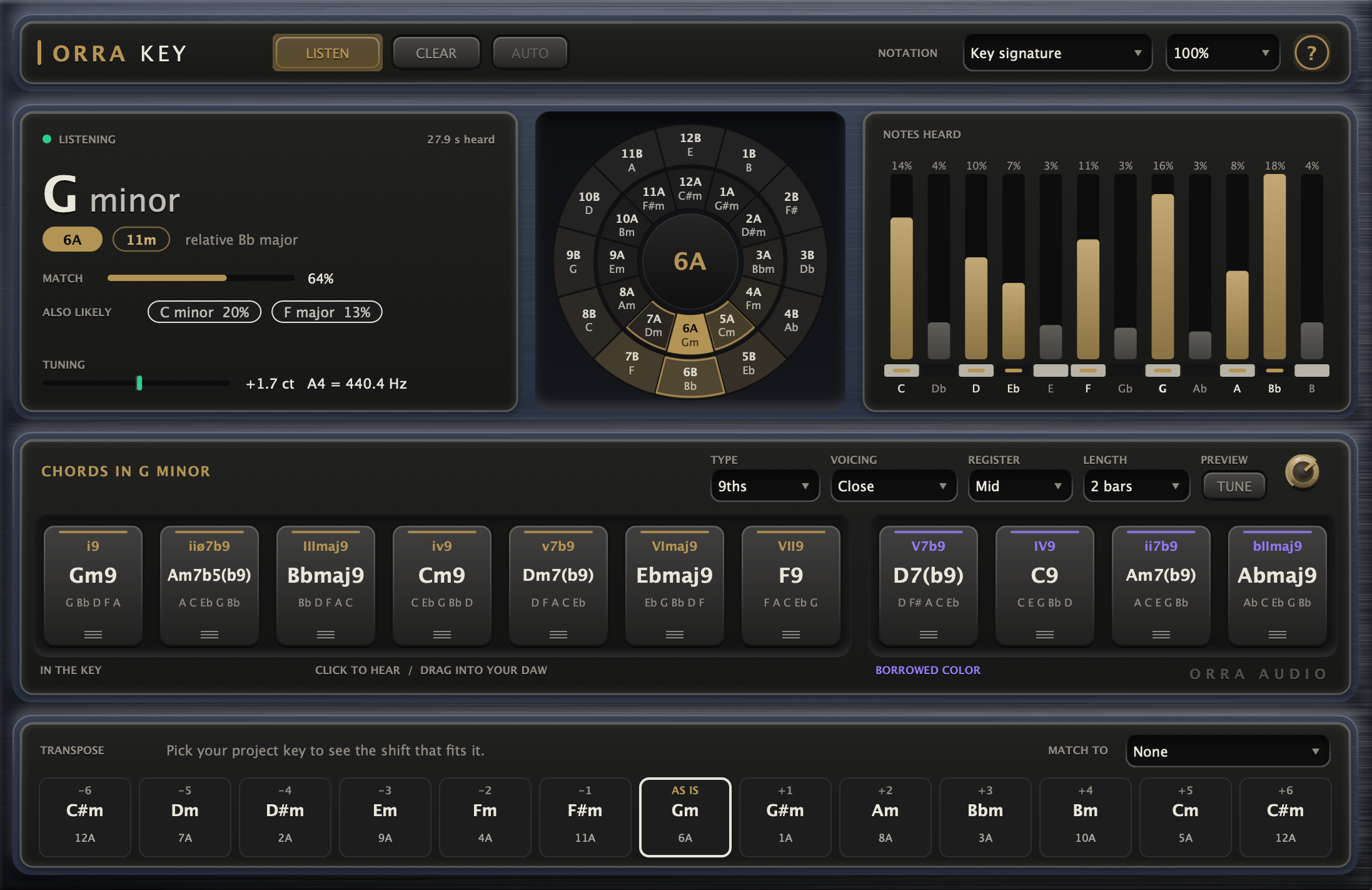 The Orra Key interface, showing the key card, key wheel and chord tiles